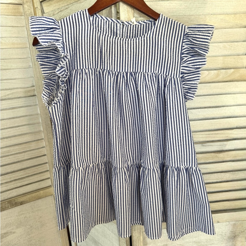 Ruffled White & Navy Striped Peplum Top, Meduim